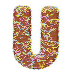 Chocolate letter U with sprinkles in realistic 3d render