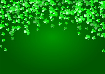 Shamrock background for Saint Patricks Day.  Lucky trefoil confetti. Glitter frame of clover leaves. Template for voucher, special business ad, banner. Greeting shamrock background.