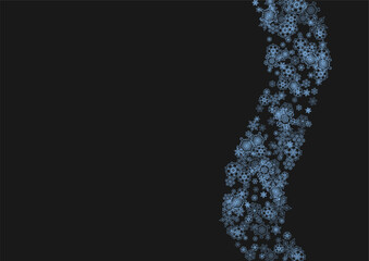 Snowflake border for Christmas and New Year celebration. Holiday snowflake border on black background  with sparkles. For banners, gift coupons, vouchers, ads, party events. Horizontal frosty snow.