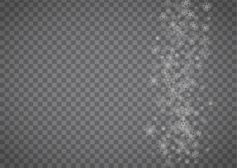 Isolated snowflakes on transparent grey background. Silver glitter snow. Horizontal Christmas and New Year design for party invitation, banner, sale. Winter window. Magic crystal isolated snowflakes