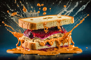 Realistic illustration of Peanut butter and jelly sandwich with peanut butter and jam sauce splash effect. Dynamically bouncing, slow motion, highly detailed. Made with Generative AI