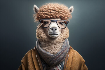 Portrait of afro hair alpaca will eyeglass wearing wool stole. Animal wears casual street fashion concept. Made with Generative AI