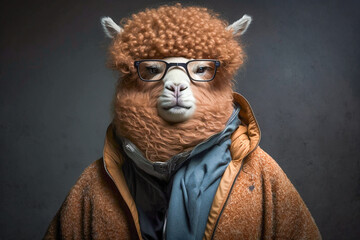 Portrait of afro hair alpaca with eyeglass wearing modern street or outdoor fashion clothes. Animal wears Hip hop street or casual outdoor fashion concept. Made with Generative AI
