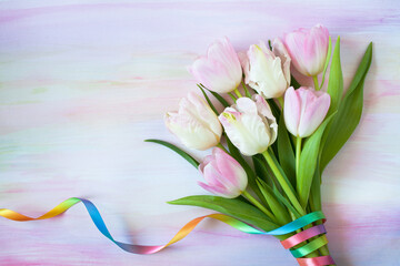 Bouquet of pink tulips with rainbow ribbon on watercolor paper background, copy space, congratulations.