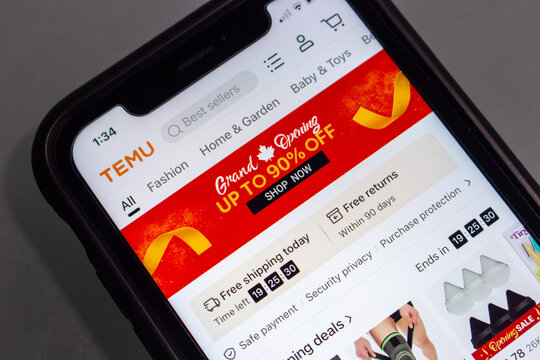 Vancouver, CANADA - Mar 8 2023 : An US-based online marketplace Temu website seen in an iPhone. Temu, LLC is a subsidiary of China based PDD Holdings Inc., (which also owns Pinduoduo)