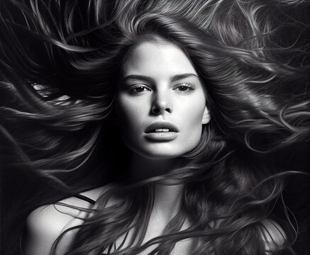 Woman with beautiful healthy shiny long hair. AI generated image.	