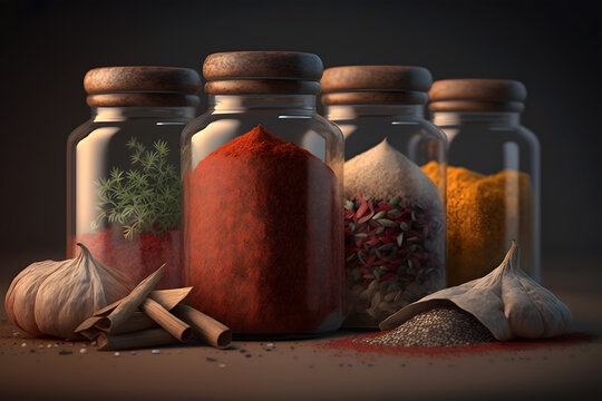 Spices in a glass jar on a dark background. Generative AI technology.