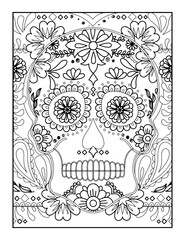 Day of the Dead coloring page for adults. Skulls with floral ornament.