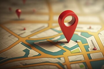 Red GPS location marker on city map (Generative AI) - obrazy, fototapety, plakaty