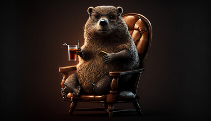 Beaver sit on the chair like a boss holding a Cigaret - obrazy, fototapety, plakaty