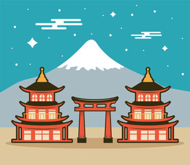 fuji mount with pagodas and arch