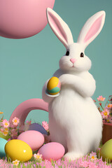 white easter bunny standing holding an egg, colored eggs on the ground, flowers in the background, 3d render, toy, pastel colors, green background. Generative Ai