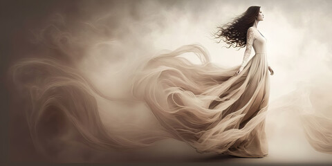 woman in a beautiful fantasy long silky dress on a smoke background, generative ai
