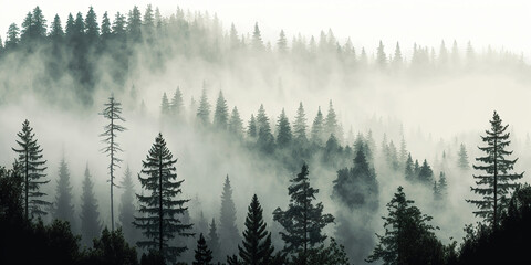 misty morning in the pine forest, generative ai