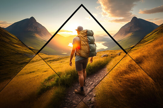 hiker in the mountains at sunset, beautiful landscape backgrond, generative ai