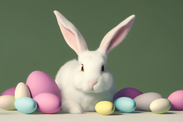 white easter bunny lying among colorful eggs, 3d render, minimalist, pastel colors, green background. Generative Ai