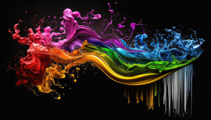 Künstlerisch abstrakte Form mit den Farben der Regenbogenflagge der LGBT-Bewegung (Lesbian, Gay, Bisexual and Transgender) in Neon mit Farbspritzern. (Generative AI)