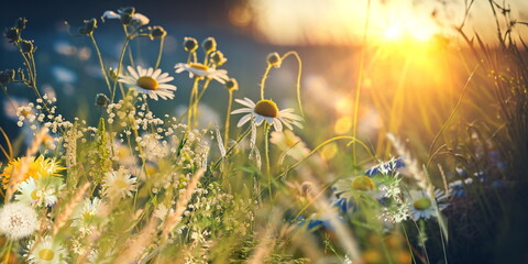 wild field flowers and green grass  sun light meadow summer spring nature