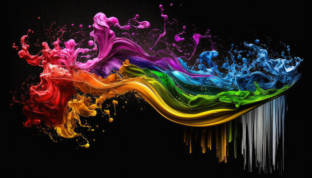 K&uuml;nstlerisch abstrakte Form mit den Farben der Regenbogenflagge der LGBT-Bewegung (Lesbian, Gay, Bisexual and Transgender) in Neon mit Farbspritzern. (Generative AI)