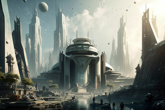 Sci-Fi metropolis, concept art piece that depicts a futuristic city, with advanced technology, sleek architecture, and a bustling population. Generative ai illustration