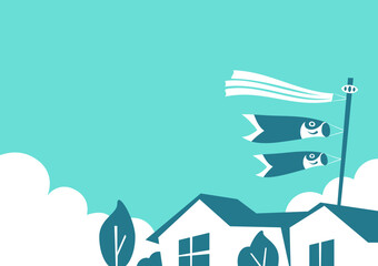 鯉のぼりと青空と家のイラスト シンプルな背景フレーム