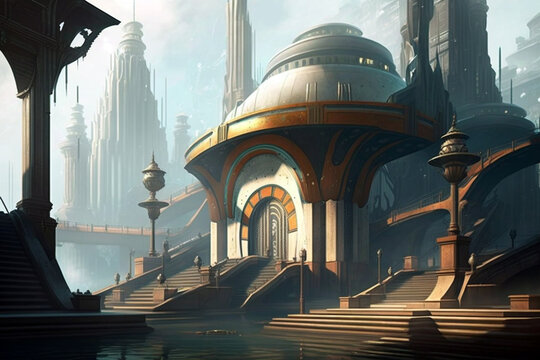 Sci-Fi metropolis, concept art piece that depicts a futuristic city, with advanced technology, sleek architecture, and a bustling population. Generative ai illustration