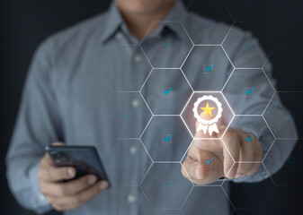 Quality warranty of products and services concept. ISO standards quality control, assurance, guarantee, warranty business technology concept. Touching on screen with quality icons on smart background.