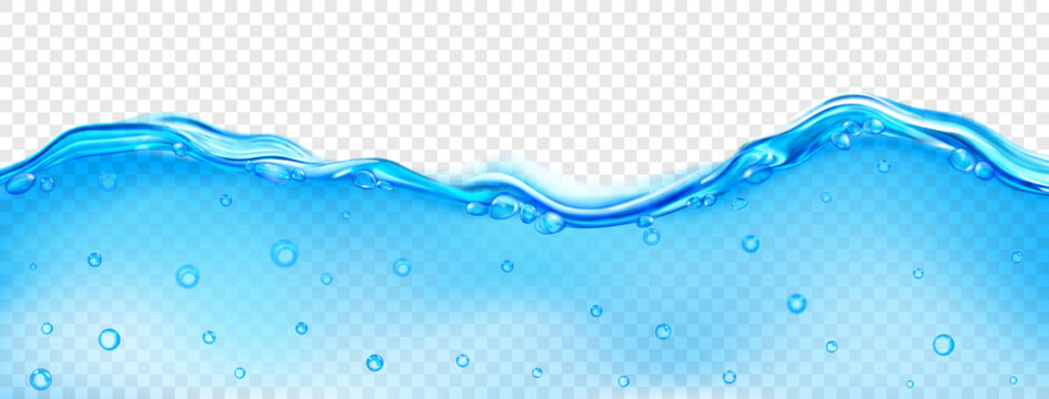 Translucent wave of sea water in light blue color with air bubbles on the surface and in the depth, isolated on transparent background. Transparency only in vector file