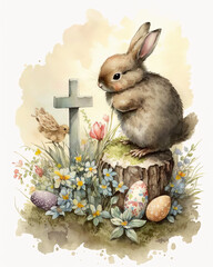 Easter watercolor illustration with a fluffy bunny and painted eggs. Generative AI