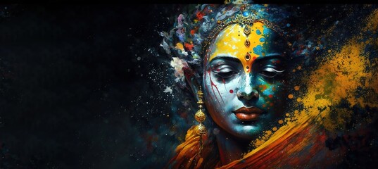 Colorful painting of Krishna, Hindu Lord. Black background with copy space for advertisement or text. Generative AI illustration