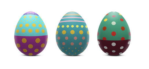 Three Dotted Easter Eggs in Retro Style in a row. Colorful Easter Eggs decorated with dots and stripes on transparent background. PNG element for your Holiday creativity. PNG element.