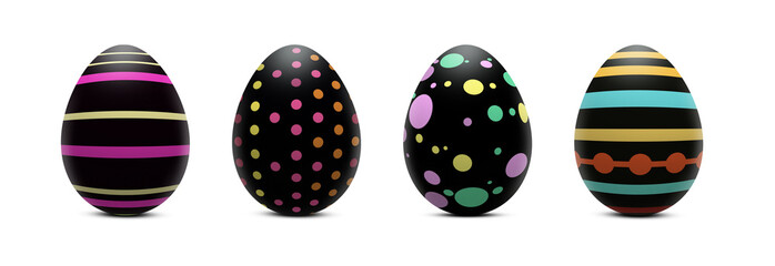 Four stylish black Easter eggs in a row in retro style on a transparent background. Black Easter Eggs are decorated with multicolored stripes and dots on a transparent background. PNG element.