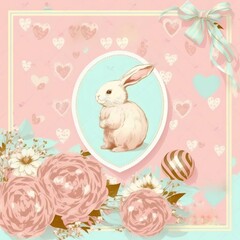 Easter Bunny Card. Template card with a cute bunny, Easter eggs and flowers on the pastel pink background with colored inscription. Hearts. Happy Easter , generative AI 