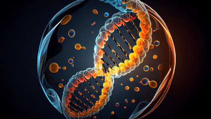 DNA molecule, in a transparent sphere, on a dark background. Generative AI