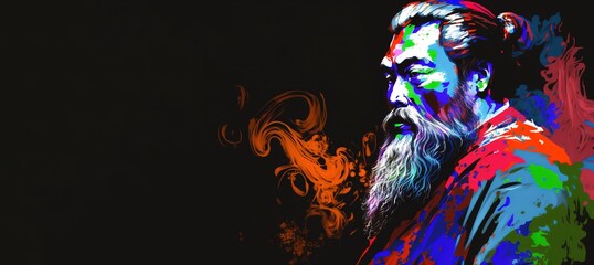 Multicolor modern painting art of Confucius. Black background banner with copy space. Generative AI illustration - obrazy, fototapety, plakaty