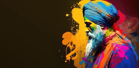 Obraz na płótnie Canvas Modern abstract painting of Guru Nanak. Poster with copy space for advertisement or text. Generative AI illustration