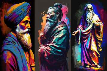 Modern painting triptych of different deities and religious icons of history. Generative AI illustration banner