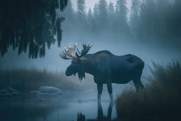 Moose in the mist, morning misty forest and lake, generative ai
