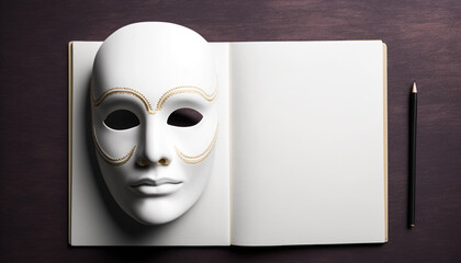 Top - view of white blank page with a mask on the side 