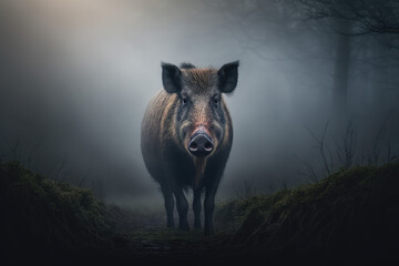 Boar in the mist, morning misty forest, generative ai