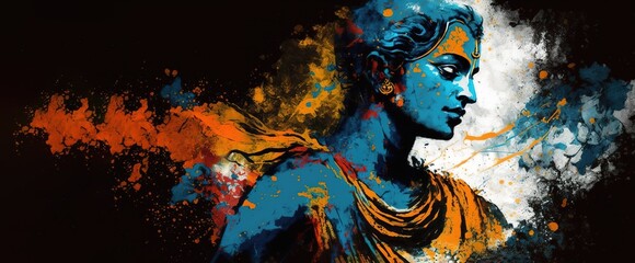 Modern abstract art illustration of Krishna over black background with copy space. Generative AI illustration