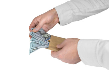 Man counting money. Allocation of money, economy concept, US dollar falling or rising. Man hands with dollar cash isolated on transparent background, PNG. Business, finance, bank, currency