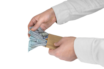 Man counting money. Allocation of money, economy concept, US dollar falling or rising. Man hands with dollar cash isolated on transparent background, PNG. Business, finance, bank, currency