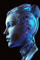 Obraz premium A profile of a blue wire mesh high tech face. Generative AI.