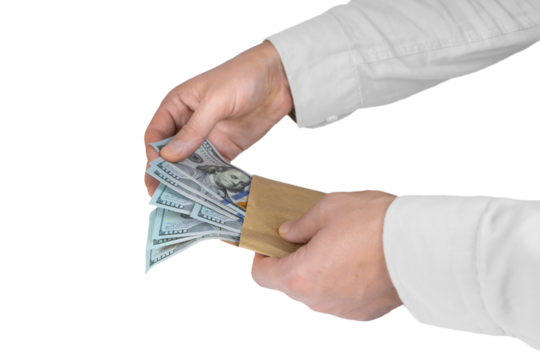 Man counting money. Allocation of money, economy concept, US dollar falling or rising. Man hands with dollar cash isolated on transparent background, PNG. Business, finance, bank, currency
