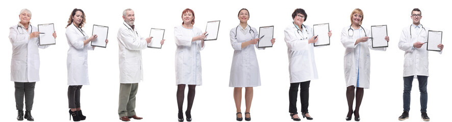 full length group of doctors with notepad isolated