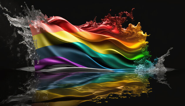 K&uuml;nstlerische, sich im Meer spiegelnde, Regenbogenflagge der LGBT-Bewegung (Lesbian, Gay, Bisexual and Transgender). (Generative AI)