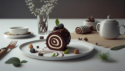 Delicious and chocolate sweet roll cake on a plate. Generative AI.