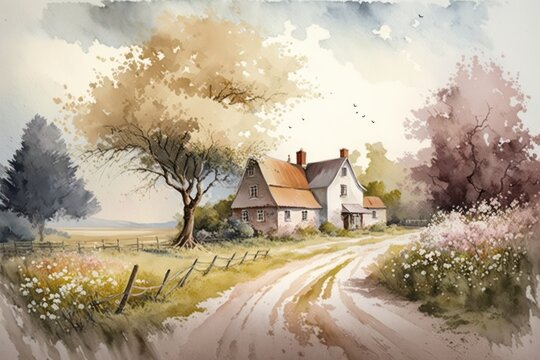 watercolor paint Farmhouse with road and meadow in spring as digital illustration (Generative AI)