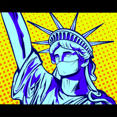 United States Statue of Liberty with Protective Medical Mask. Pop Art retro comic book cartoon drawing vector illustration vintage
